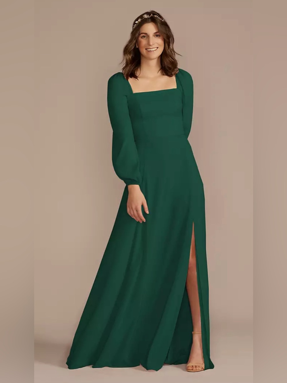 David’s Bridal Emerald Long Sleeve Square Neck Maxi Dress